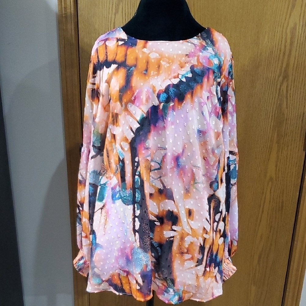 Torrid Flowy Orange Pink Balloon Long Sleeve Blouse Butterfly Inspired